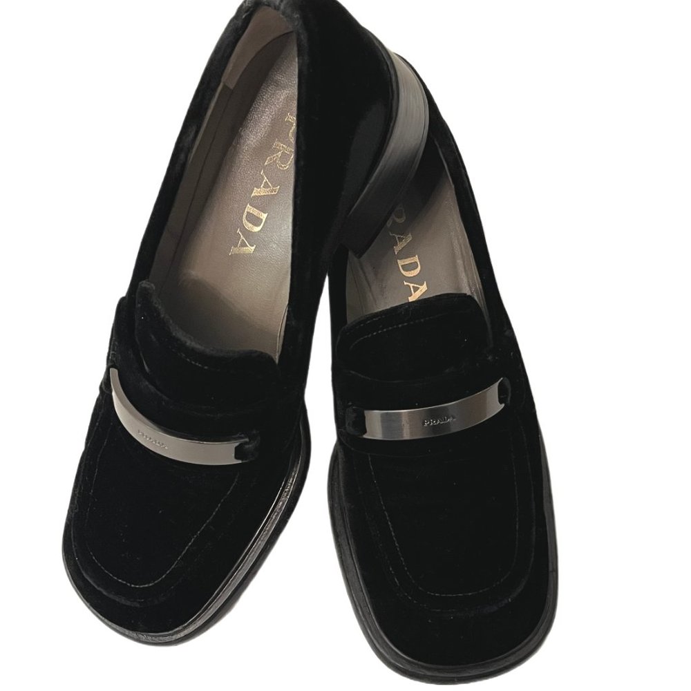 Prada Vintage Black Velvet Chunky Loafers with Metal Logo Size 36.5  US Size 6.5